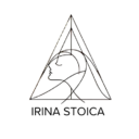 A minimalist geometric illustration: a triangle featuring a human face profile and a crescent shape, seamlessly blending elements of arhitectura and selfdezign.